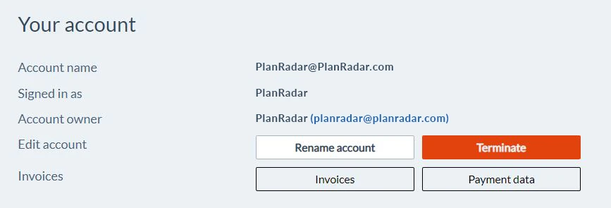 The ‘Your account’ panel with the Invoices and Payment data buttons